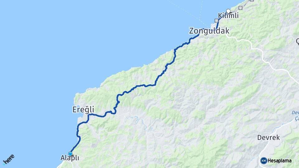 Zonguldak Alaplı Kilimli Arası Kaç Km - Yol Haritası