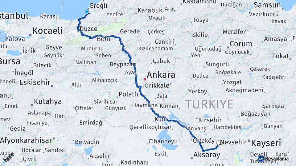 Zonguldak Alaplı Nevşehir Arası Kaç Km - Yol Haritası