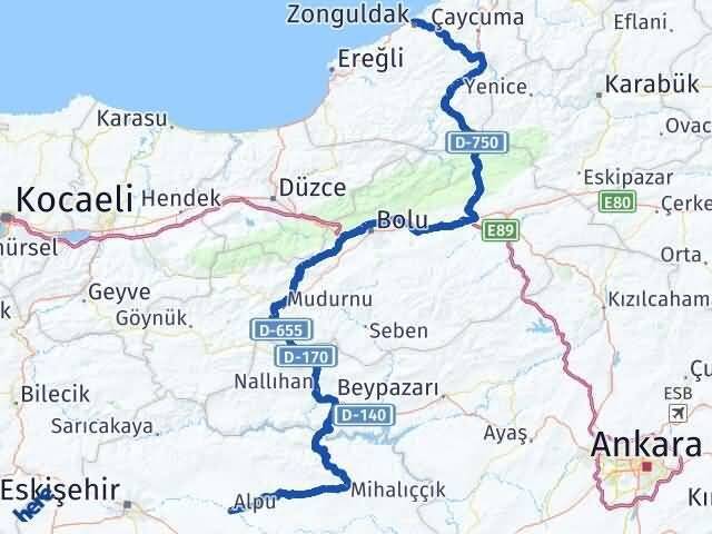 Zonguldak Alpu Eskişehir Arası Kaç Km - Yol Haritası
