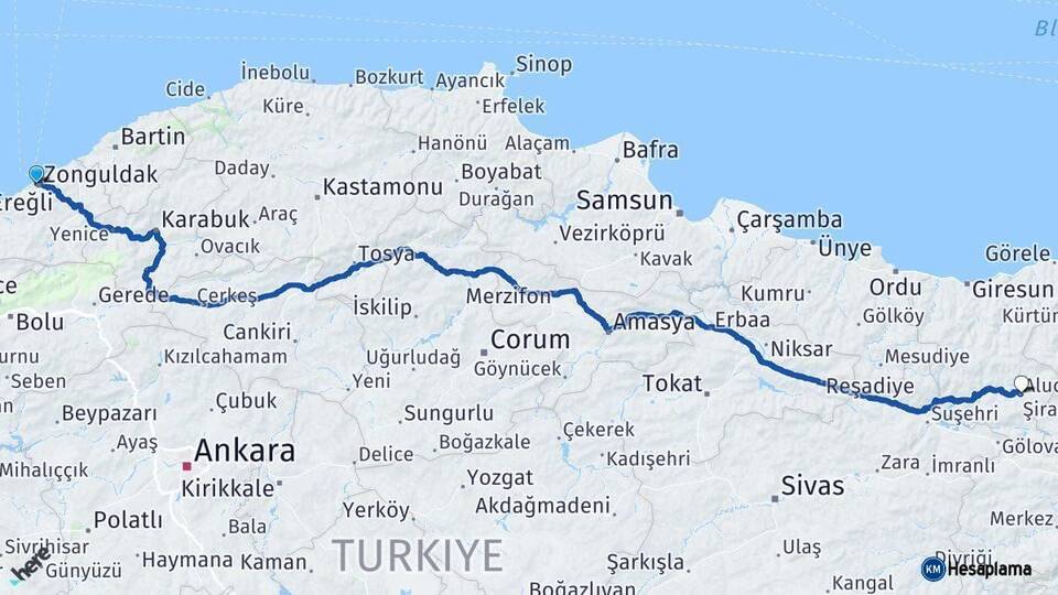 Zonguldak Alucra Giresun Arası Kaç Km - Yol Haritası