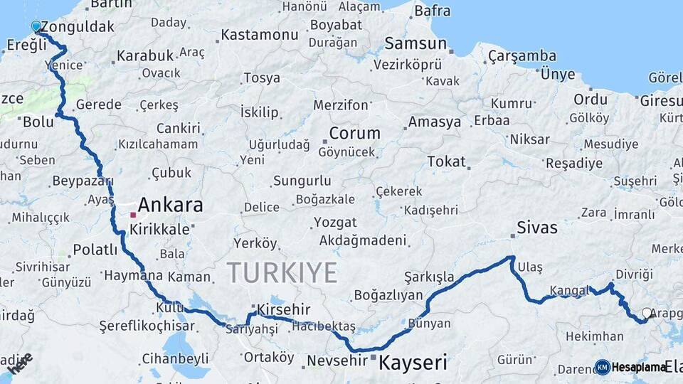 Zonguldak Arapgir Malatya Arası Kaç Km - Yol Haritası