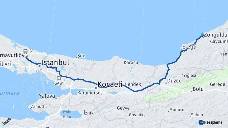 Zonguldak Arnavutköy İstanbul Arası Kaç Km - Yol Haritası