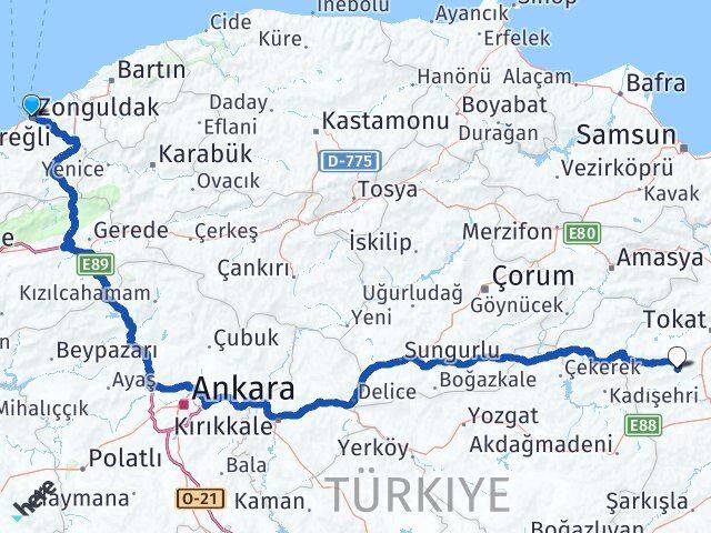 Zonguldak Artova Tokat Arası Kaç Km - Yol Haritası