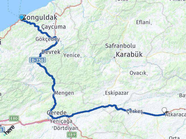 Zonguldak Atkaracalar Çankırı Arası Kaç Km - Yol Haritası