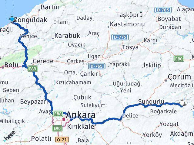 Zonguldak Aydıncık Yozgat Arası Kaç Km - Yol Haritası