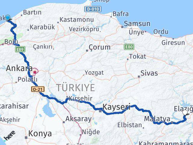 Zonguldak Baskil Elazığ Arası Kaç Km - Yol Haritası