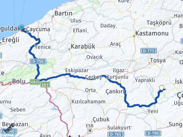 Zonguldak Bayat Çorum Arası Kaç Km - Yol Haritası