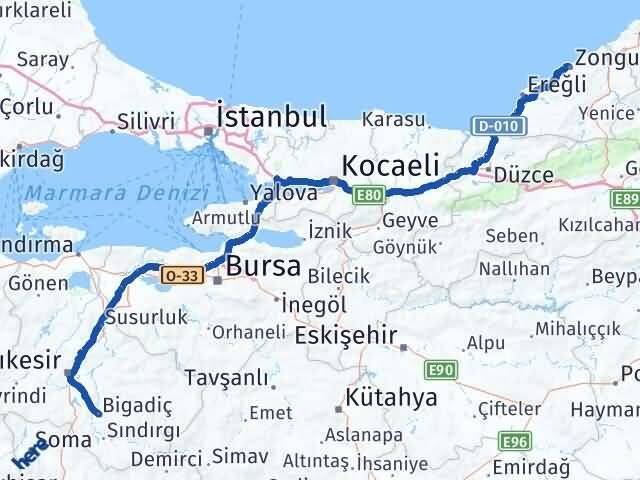 Zonguldak Bigadiç Balıkesir Arası Kaç Km - Yol Haritası