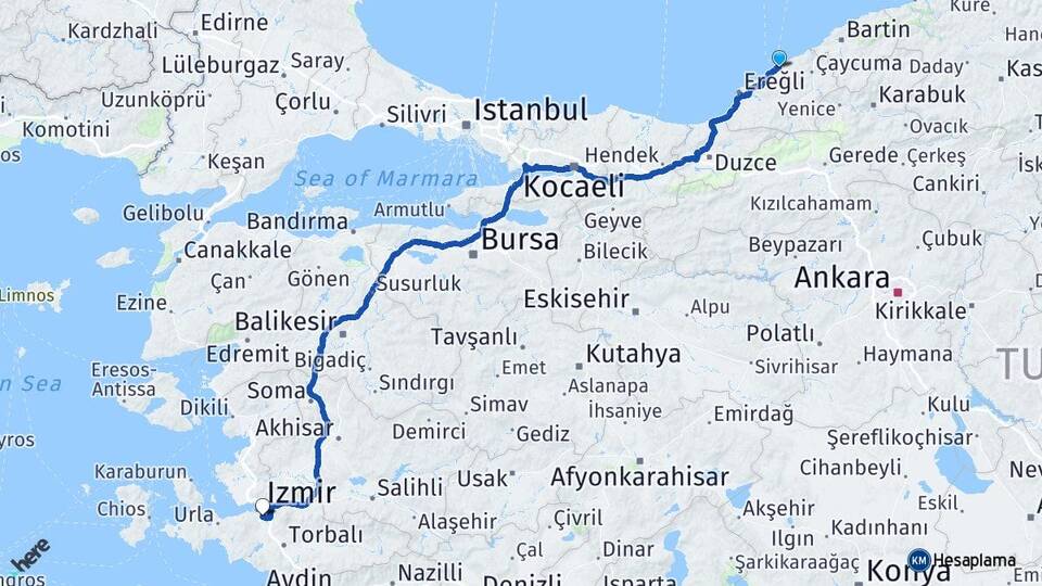 Zonguldak Buca İzmir Arası Kaç Km - Yol Haritası