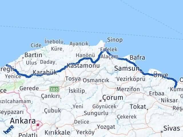 Zonguldak Çatalpınar Ordu Arası Kaç Km - Yol Haritası