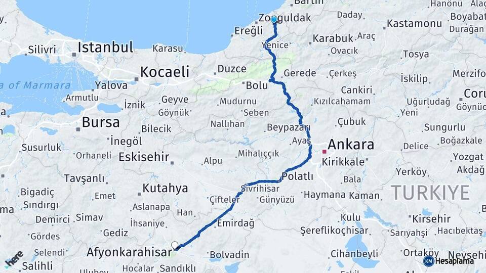 Zonguldak Çaycuma Afyonkarahisar Arası Kaç Km - Yol Haritası