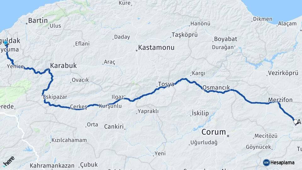 Zonguldak Çaycuma Amasya Arası Kaç Km - Yol Haritası