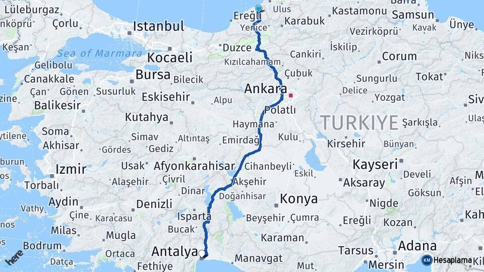 Zonguldak Çaycuma Antalya Arası Kaç Km - Yol Haritası