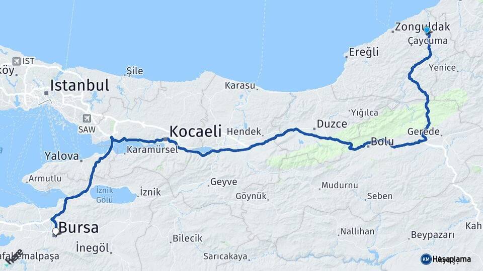 Zonguldak Çaycuma Bursa Arası Kaç Km - Yol Haritası