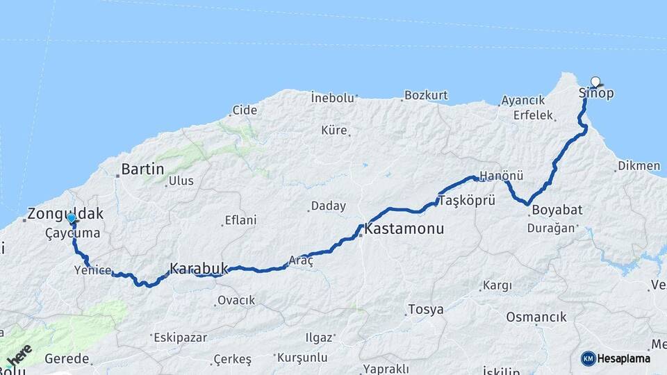 Zonguldak Çaycuma Sinop Arası Kaç Km - Yol Haritası