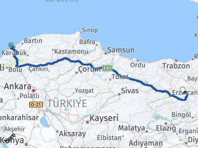 Zonguldak Çayırlı Erzincan Arası Kaç Km - Yol Haritası