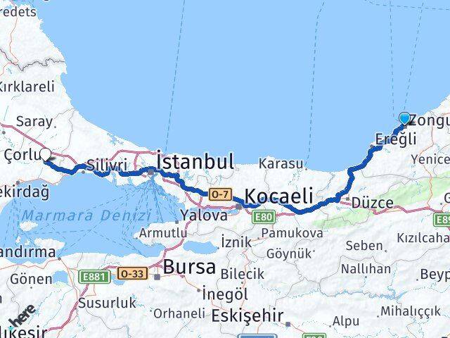 Zonguldak Çorlu Tekirdağ Arası Kaç Km - Yol Haritası