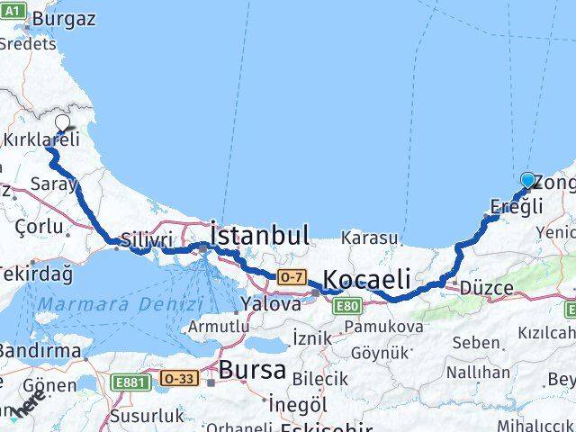 Zonguldak Demirköy Kırklareli Arası Kaç Km - Yol Haritası