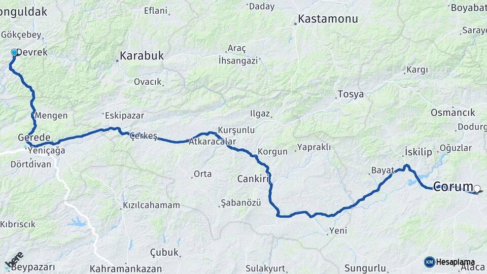 Zonguldak Devrek Çorum Arası Kaç Km - Yol Haritası