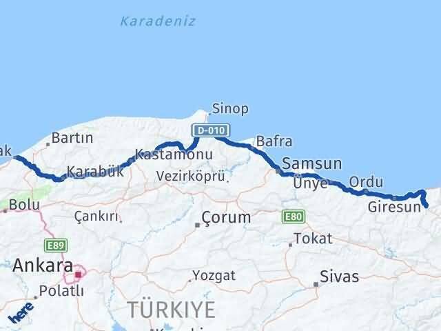 Zonguldak Doğankent Giresun Arası Kaç Km - Yol Haritası
