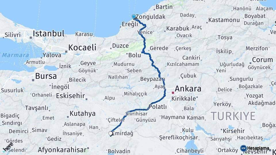 Zonguldak Emirdağ Afyonkarahisar Arası Kaç Km - Yol Haritası