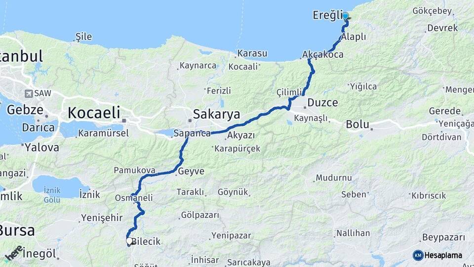Zonguldak Ereğli Bilecik Arası Kaç Km - Yol Haritası
