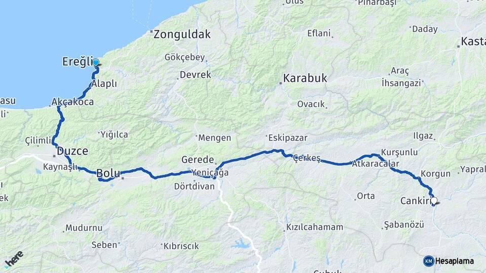 Zonguldak Ereğli Çankırı Arası Kaç Km - Yol Haritası
