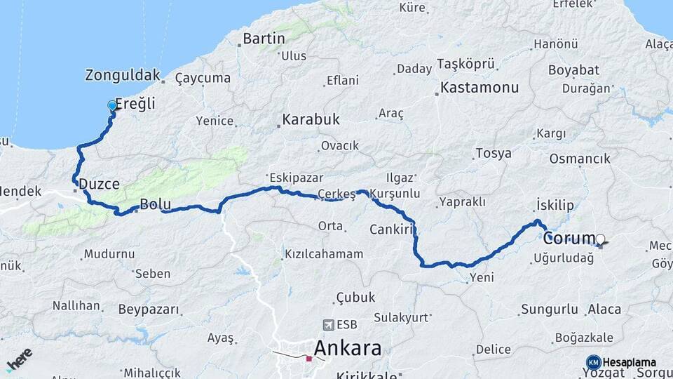 Zonguldak Ereğli Çorum Arası Kaç Km - Yol Haritası