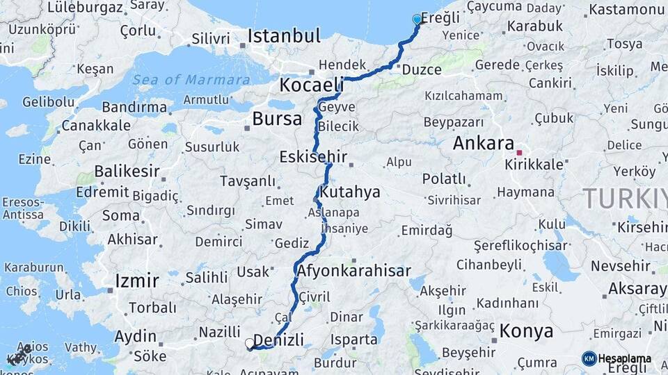Zonguldak Ereğli Denizli Arası Kaç Km - Yol Haritası