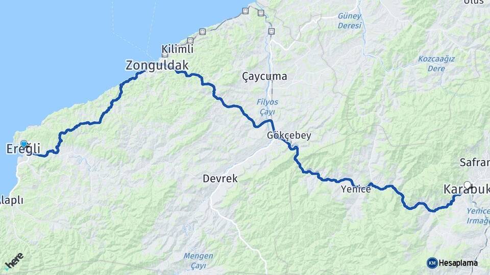Zonguldak Ereğli Karabük Arası Kaç Km - Yol Haritası