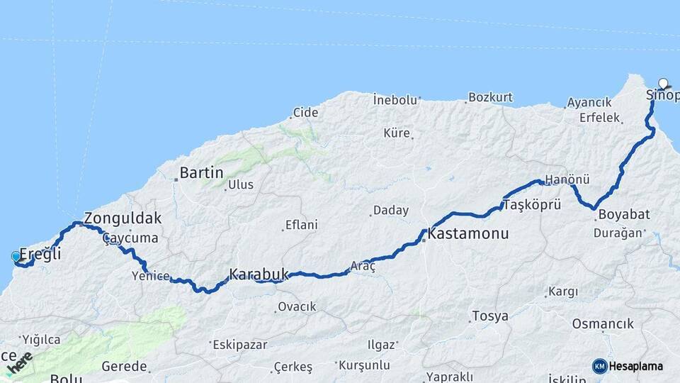 Zonguldak Ereğli Sinop Arası Kaç Km - Yol Haritası