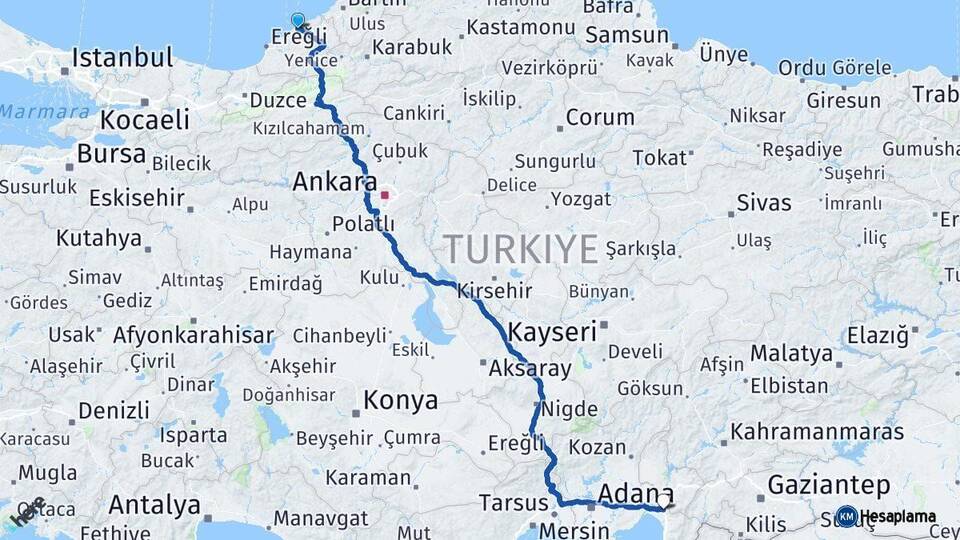 Zonguldak Erzin Hatay Arası Kaç Km - Yol Haritası