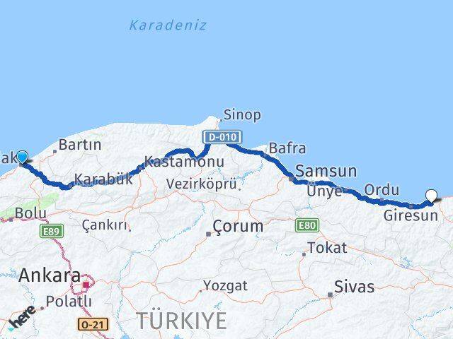 Zonguldak Espiye Giresun Arası Kaç Km - Yol Haritası
