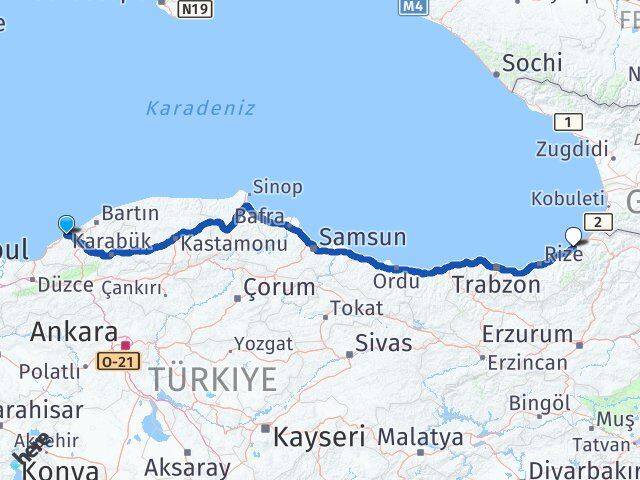 Zonguldak Fındıklı Rize Arası Kaç Km - Yol Haritası
