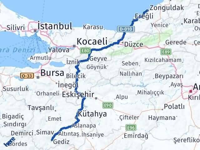 Zonguldak Gediz Kütahya Arası Kaç Km - Yol Haritası