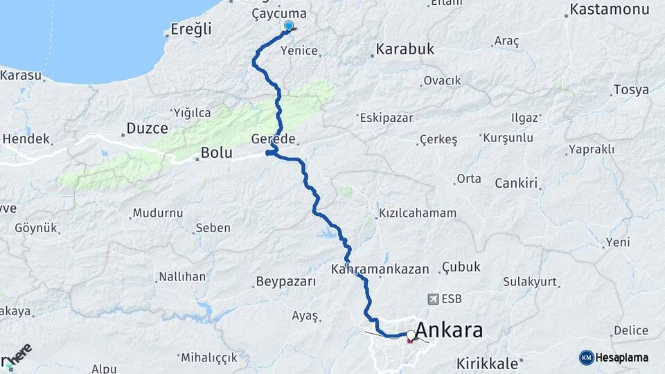 Zonguldak Gökçebey Ankara Arası Kaç Km - Yol Haritası