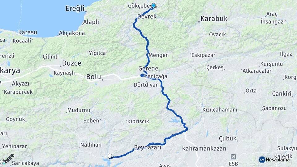 Zonguldak Gökçebey Çayırhan Nallıhan Ankara Arası Kaç Km - Yol Haritası
