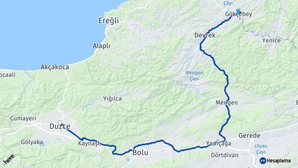Zonguldak Gökçebey Düzce Arası Kaç Km - Yol Haritası