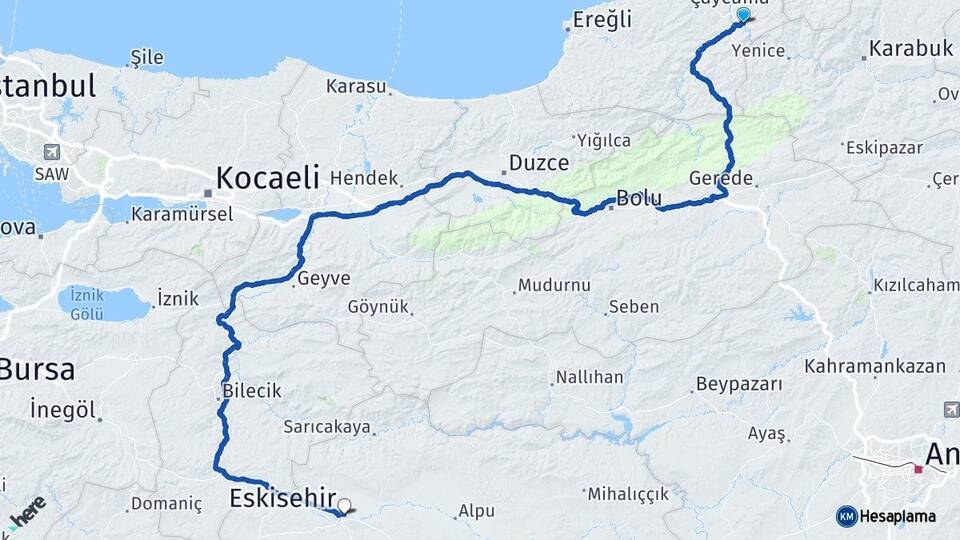 Zonguldak Gökçebey Eskişehir Arası Kaç Km - Yol Haritası
