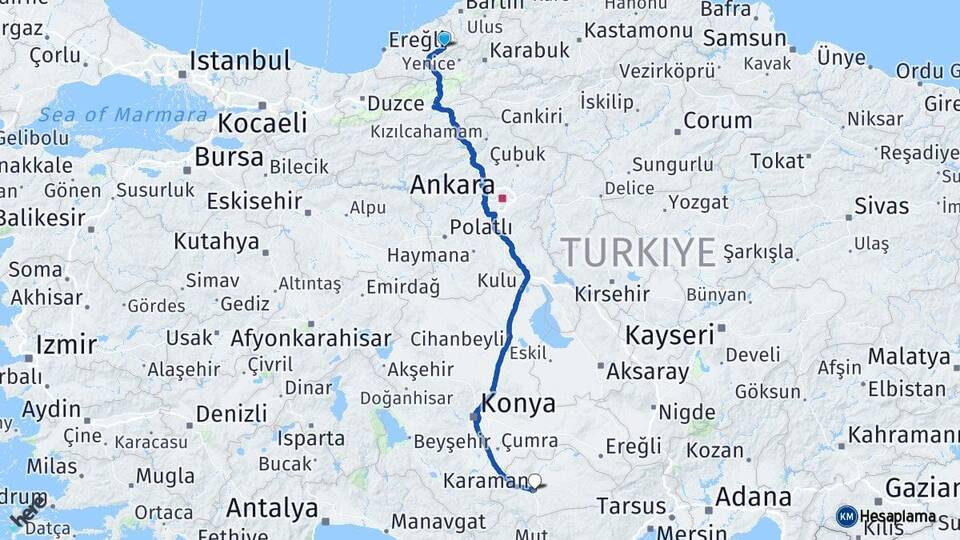 Zonguldak Gökçebey Karaman Arası Kaç Km - Yol Haritası