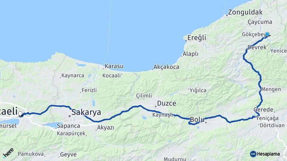 Zonguldak Gökçebey Kocaeli Arası Kaç Km - Yol Haritası