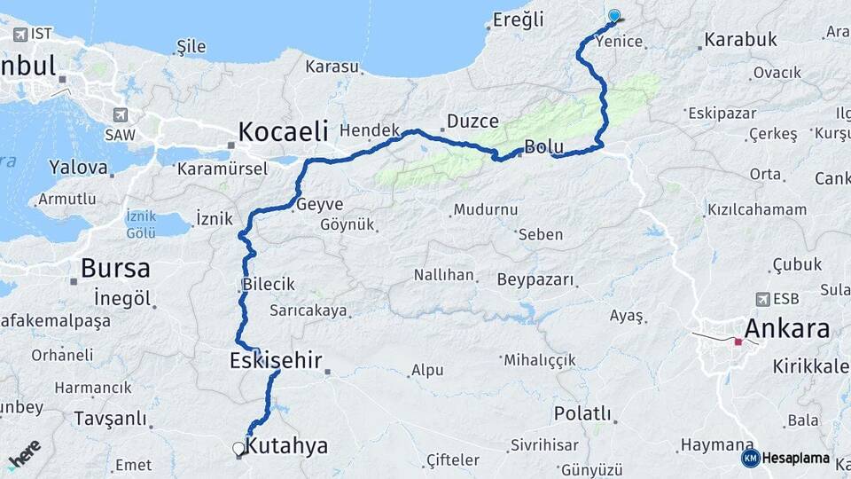 Zonguldak Gökçebey Kütahya Arası Kaç Km - Yol Haritası