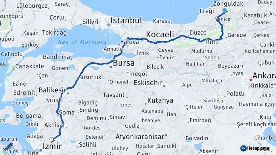 Zonguldak Gökçebey Manisa Arası Kaç Km - Yol Haritası