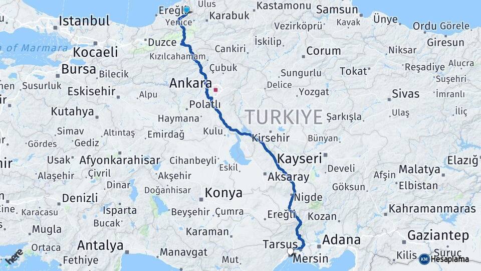 Zonguldak Gökçebey Mersin Arası Kaç Km - Yol Haritası