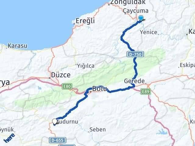 Zonguldak Gökçebey Mudurnu Bolu Arası Kaç Km - Yol Haritası