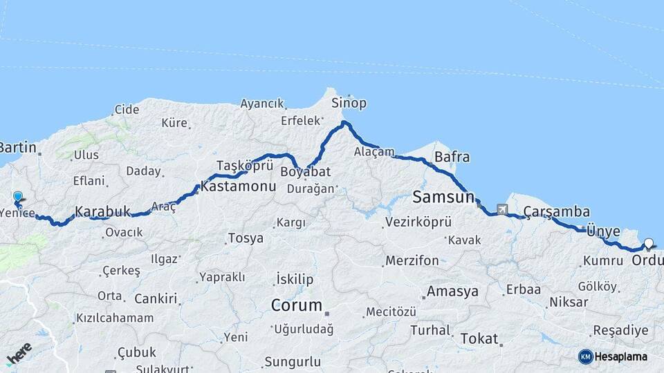 Zonguldak Gökçebey Ordu Arası Kaç Km - Yol Haritası