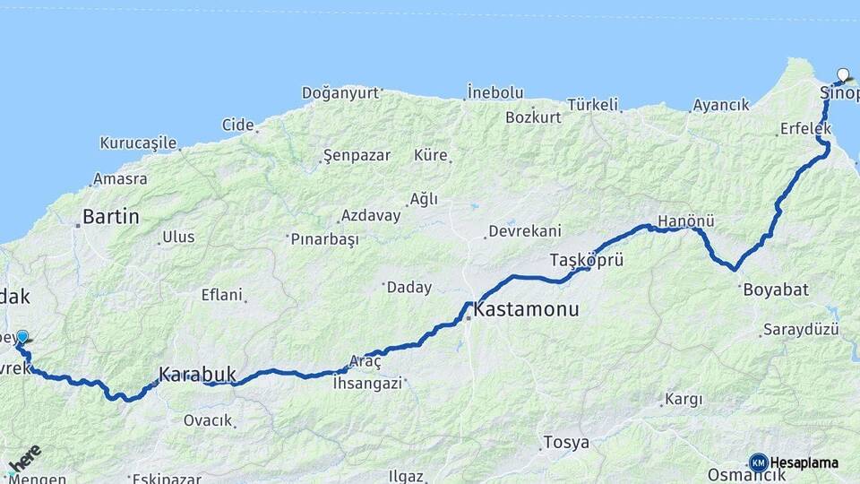 Zonguldak Gökçebey Sinop Arası Kaç Km - Yol Haritası
