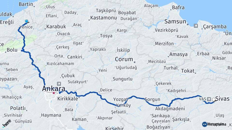 Zonguldak Gökçebey Sivas Arası Kaç Km - Yol Haritası