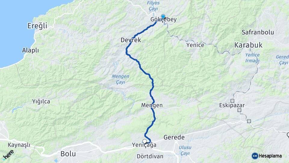 Zonguldak Gökçebey Yeniçağa Bolu Arası Kaç Km - Yol Haritası
