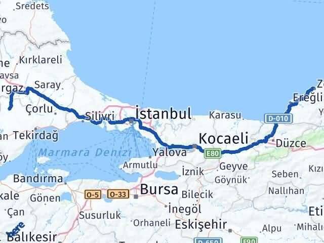 Zonguldak Hayrabolu Tekirdağ Arası Kaç Km - Yol Haritası